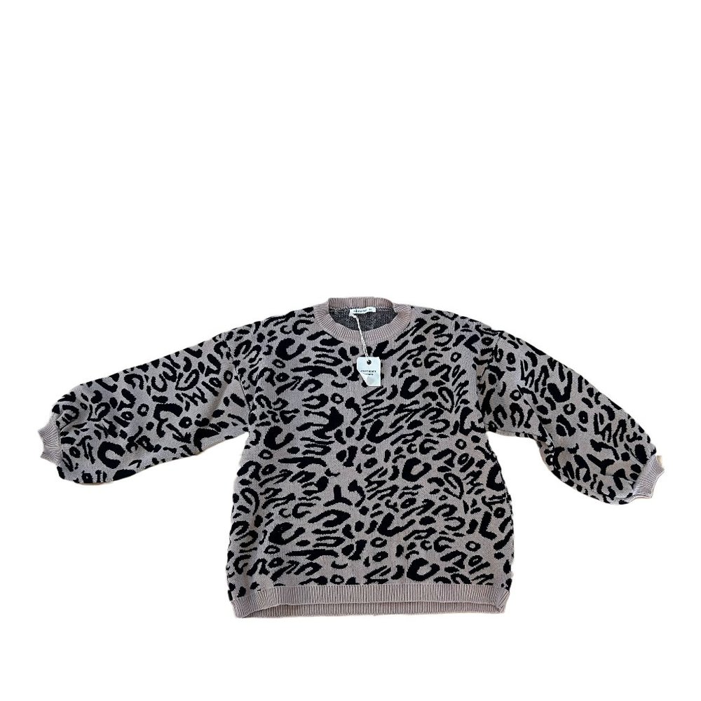 andthewhy Women's Knit, Puff Long Sleeve Sweater- Leopard (NEW)